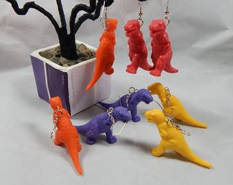 Trex Tyrannosaurus dinosaur upcycled toy earrings recycled kitsch kawaii colorful funny hipster