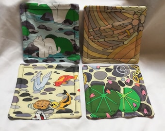 Murder in the Zen Garden fabric coasters, reversible cotton set of four, koi, feng shui, skeleton, pond