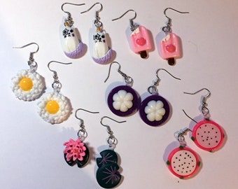 Decoden cabochon colorful fruits, unicorn cat, waterlillies, ice cream pop, egg in rice. Plastic earrings