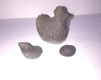 Stipple hen with one chick and one egg handmade miniature ceramic chickens figurines