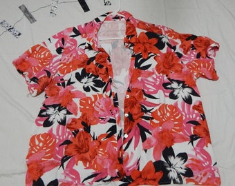 Floral design loud beach shirt colorful red, black and white Large or X-large? No tags.