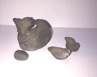 Collar hen with two chicks and one egg handmade miniature ceramic chickens figurines