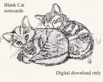 Nueve tarjetas en blanco de gatos diferentes, pincel de tinta y ilustraciones originales de pluma. Descarga digital únicamente.