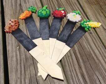 Perler art garden stakes with blackboard surface