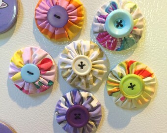 Pastel and spring colors themed magnetic pattern weights with vintage buttons, fabric fridge magnets, quilter gift