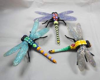 Dragonflies, upcycled toy bugs. Miniature paintings.