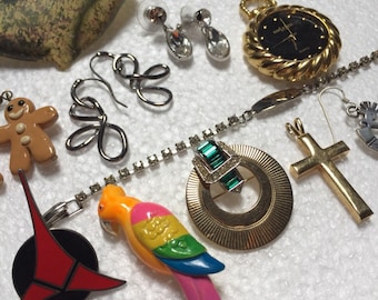 90s jewelry, pendant watch, star trek pin, gold cross, Kokopelli, neon parrot, rhinestone tennis bracelet, whale pin, Hallmark QVC jewelry