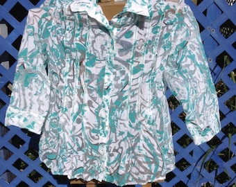 Unknown brand or size design loud fitted shirt colorful teal and white transparent burnout