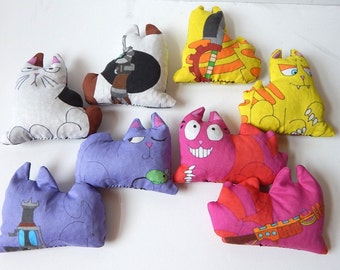 Zombie fighting Allie Cats. Kitty bean bag dolls in cheshire, russian blue, tabby, or japanese bobtail styles