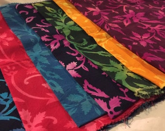 Rainbow set of floral fat quarter batiks, OOP cotton fabric, 7 colors bundle