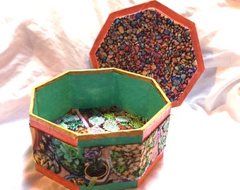 Decorative upcycle medium box with lid, OOAK withsucculent garden fabric bottom, octagonal box