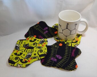 Halloween fabric coasters, reversible cotton hand-quilted set of four, lime green with cats, owls and ghosts Splat shaped!