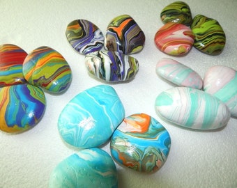 Marble mandala rock art, handpainted meditation zen garden sand tray and altar stones, paint pouring pebble trios