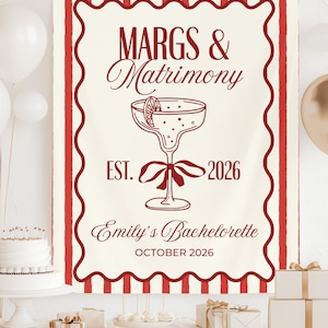 Telón de fondo para despedida de soltera Margs & Matrimony, pancarta personalizada para despedida de soltera Margarita, decoración para despedida de soltera en México, Cabo, Miami Beach, Tulum Bach