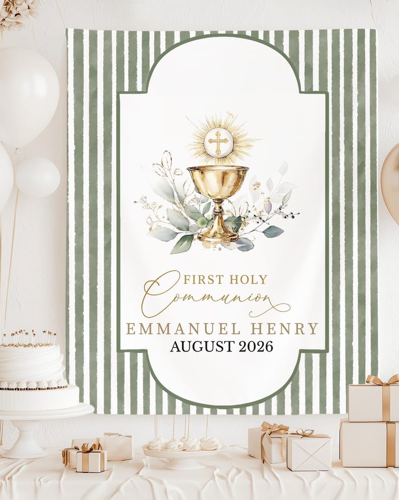 Custom Name First Holy Communion Backdrop, Sage Green Stripes Eucharist ...