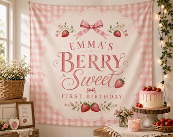 Berry Sweet First Birthday Banner, Strawberry First Birthday Backdrop, Pink Gingham Birthday Tapestry, Berry Sweet Party Decor, Personalized