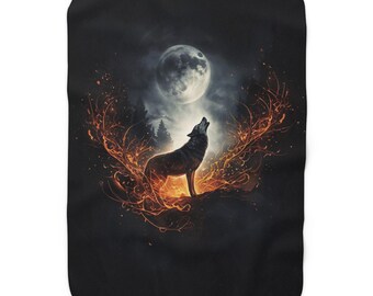 Howling Wolf Moon Sherpa Fleece Blanket | Lunar Wolf Throw