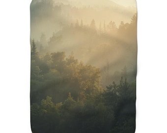 Misty Forest Sunrise Blanket | Sherpa Fleece Woodland Fog