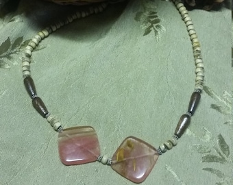 72:  Fire Cherry Quartz, Wood & Horn Choker Style NECKLACE!