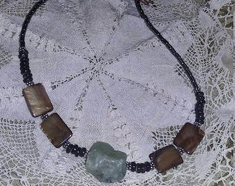 96.  Raw Jade, Mother of Pearl, Hematite & Horn Choker Style NECKLACE!