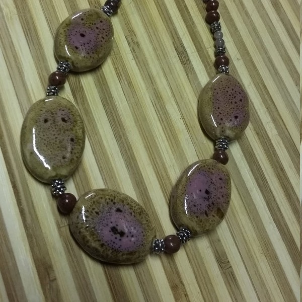 117.  Rose & Brown Jasper with Handcrafted Clay Beads Statement NECKLACE!