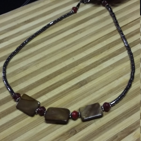 106.  Mother of Pearl, Hematite & Horn Choker Style NECKLACE!
