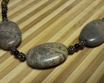 111.  Painted Jasper, Black Tourmaline & Horn Choker Style NECKLACE!