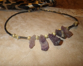 40. Amethyst, Hematite with Horn ~a "Throwing Stones at Glass Hearts" NECKLACE!