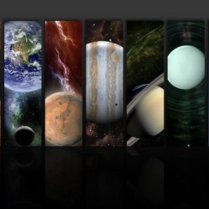 May include: A collage of planets in space, including Mercury, Venus, Earth, Mars, Jupiter, Saturn, Uranus, and Neptune. Each planet is shown in a separate frame with a black background.