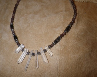 25. Quartz Crystal Points, Rose Agate, Magnetic Hematite w/ a Butterfly ~a "Throwing Stones at Glass Hearts" NECKLACE!