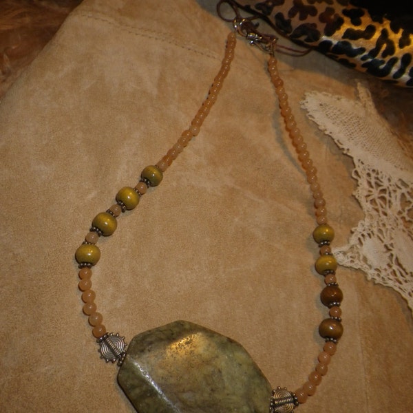 16. Serpentine, Apricot Aventurine and Wood ~a "Throwing Stones at Glass Hearts" NECKLACE!