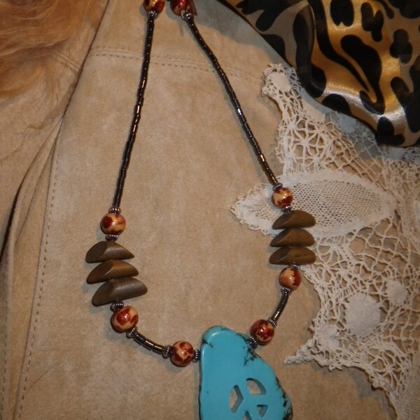 28. Turquoise, Wood, Hematite & PEACE ~a "Throwing Stones at Glass Hearts" NECKLACE!