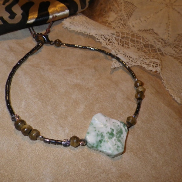 21. Green Tree Agate, Hematite and Horn ~a "Throwing Stones at Glass Hearts" NECKLACE!