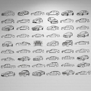 May include: A collection of line art drawings of various car models, including sedans, SUVs, and sports cars. The black and white illustrations are arranged in rows against a white brick wall background.