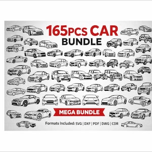 Könnte beinhalten: Eine Illustration mit 165 schwarz-weißen Auto-Zeichnungen. Der Text lautet "165pcs CAR BUNDLE" und "MEGA BUNDLE". Enthaltene Formate: SVG, DXF, PDF, DWG und CDR. Verschiedene Automodelle sind abgebildet.