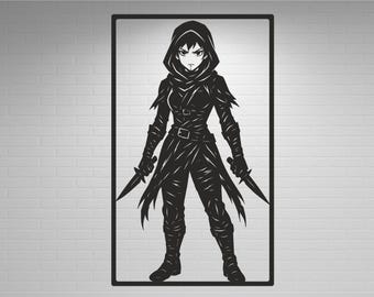 May include: Black and white illustration of a hooded figure holding two daggers. The figure is wearing a hooded cloak, gloves, and boots. The artwork is framed in a black rectangle and mounted on a white brick wall.