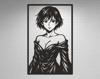 May include: Black and white anime-style wall art featuring a woman with short hair and a low-cut dress. The artwork is framed and mounted on a white brick wall, creating a striking contrast.