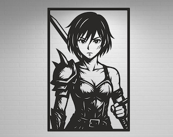 May include: Black and white artwork of a female warrior holding a sword. The artwork is a cut-out design, featuring the warrior in armor with a determined expression. The image is framed and mounted on a white brick wall.
