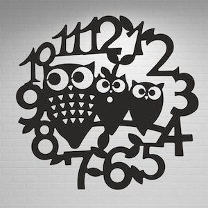 May include: Black owl-themed wall clock with three owls perched on a branch, surrounded by the numbers 1 through 12. The clock is made of a dark material and is mounted on a white brick wall.