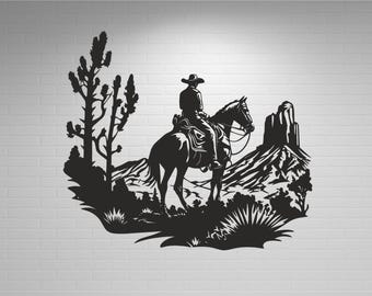 Cowboy Horseback Desert Landscape SVG | Wild West Scene Laser Cut File (dxf, cdr, dwg)