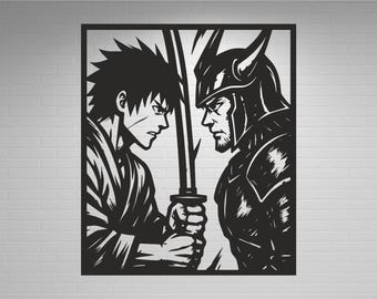 May include: Black and white illustration of two figures facing each other, holding a sword. One figure is in armor, the other in a robe. The artwork is a framed wall decor piece.