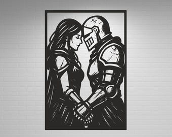 May include: Black and white artwork of a knight and a woman in a loving embrace. The knight is wearing full armor, and the woman has long flowing hair. They are holding hands, with their faces close together.