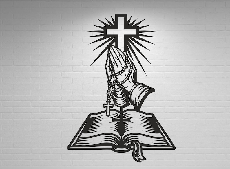 Pyaying Hand Cd R Dxf File Praying Hands With Bible and Cross Vector Design, Compatible With Metal ...