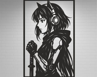 May include: Black laser-cut artwork of an anime-style character with headphones and a sword. The character has cat ears and is wearing a hooded cloak. The artwork is framed in a black rectangular border and mounted on a white brick wall.