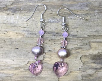 Pink pearl and crystal heart earrings 0140