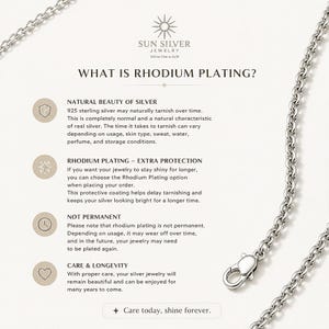 May include: A silver chain necklace with a lobster clasp is displayed next to an informational graphic titled WHAT IS RHODIUM PLATING? The text explains the natural tarnishing of 925 sterling silver and the protective benefits of rhodium plating.