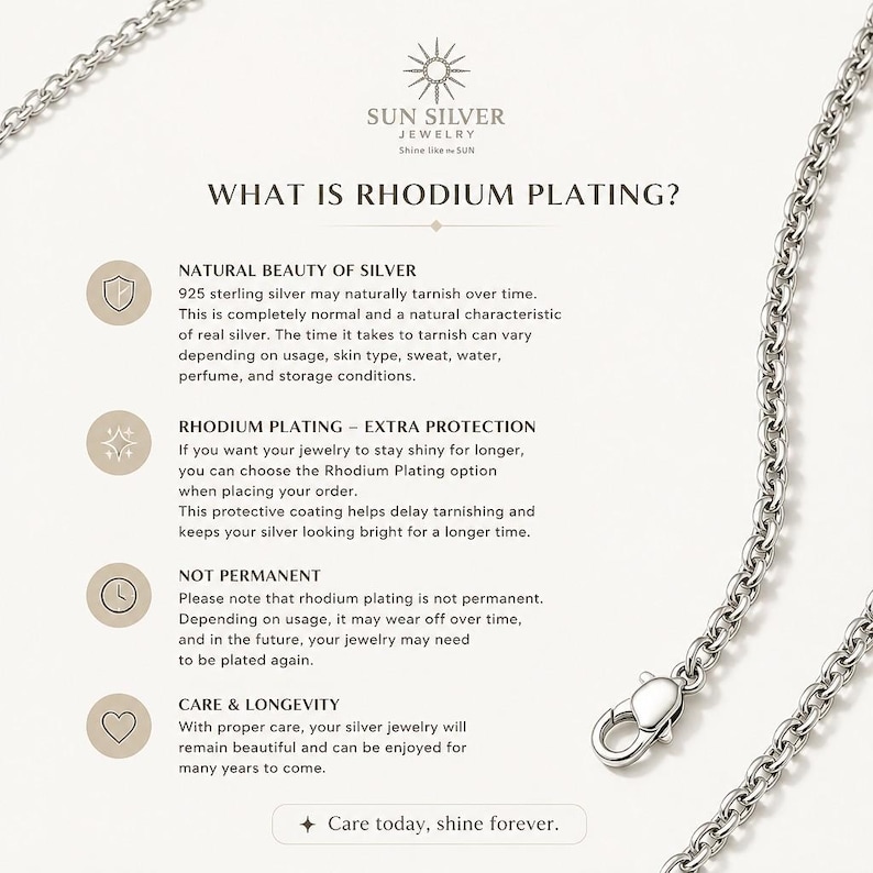 May include: A silver chain necklace with a lobster clasp is displayed next to an informational graphic titled WHAT IS RHODIUM PLATING? The text explains the natural tarnishing of 925 sterling silver and the protective benefits of rhodium plating.