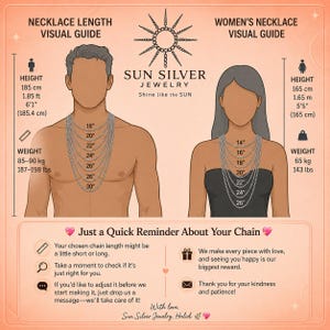 May include: A necklace length visual guide by Sun Silver Jewelry featuring illustrations of two figures wearing chains of various lengths from 14 to 30 inches. The chart includes height and weight references, text reminders about chain sizing, and contact information for adjustments.