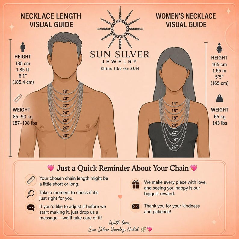May include: A necklace length visual guide by Sun Silver Jewelry featuring illustrations of two figures wearing chains of various lengths from 14 to 30 inches. The chart includes height and weight references, text reminders about chain sizing, and contact information for adjustments.