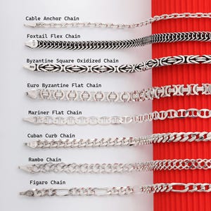 May include: A collection of eight silver chains labeled with their names: Cable Anchor Chain, Foxtail Flex Chain, Byzantine Square Oxidized Chain, Euro Byzantine Flat Chain, Mariner Flat Chain, Cuban Curb Chain, Rambo Chain, and Figaro Chain.